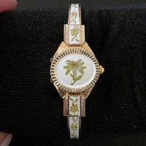 VTG Dainty Jai De Luxe Cuff Watch Green Floral Enamel Peek A Boo Works FLAW